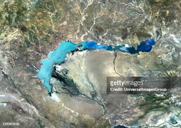True colour satellite image of Lake Balkhash, a lake in southeastern Kazakhstan, the second largest in Central Asia after the Aral Sea. Composite...