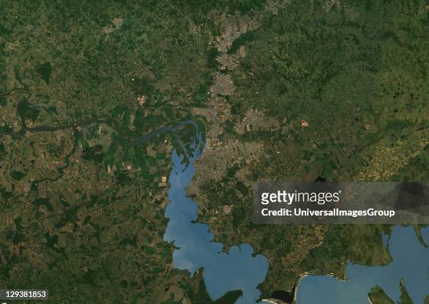 True colour satellite image of Porto Alegre in Brazil. Porto Alegre is the capital city of the southernmost Brazilian state of Rio Grande do Sul.The...