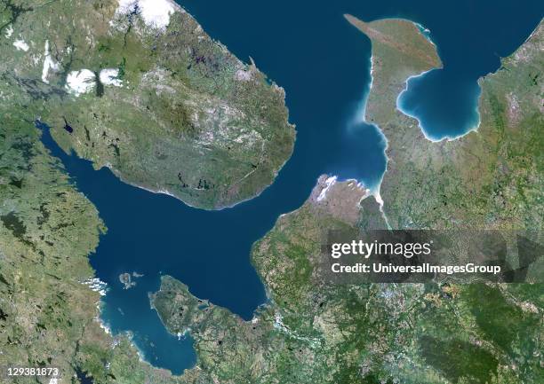 True colour satellite image of the White Sea, an inlet of the Barents Sea on the northwest coast of Russia. Composite image using LANDSAT 5 data.,...