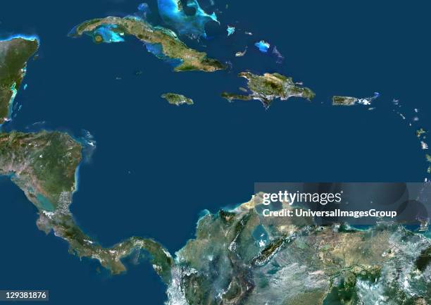 True colour satellite image of the Caribbean Sea. It is bounded to the south and west by Central and South America, with the North Atlantic Ocean to...