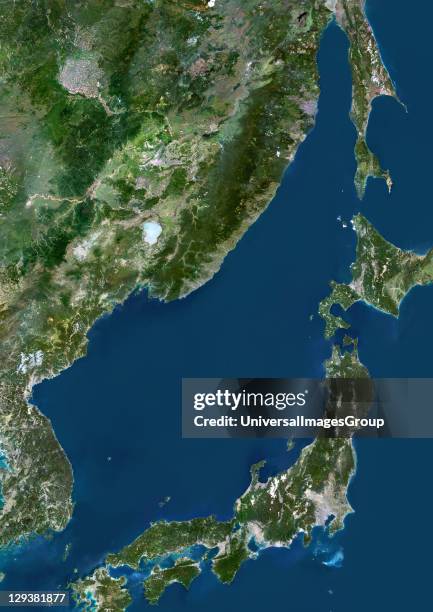 True colour satellite image of the Sea of Japan, a sea of the western Pacific Ocean. It is bordered by Japan, South Korea, North Korea and Russia....