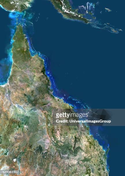 True colour satellite image of the Great Barrier Reef in Australia. It is the world's largest coral reef system composed of over 900 islands...