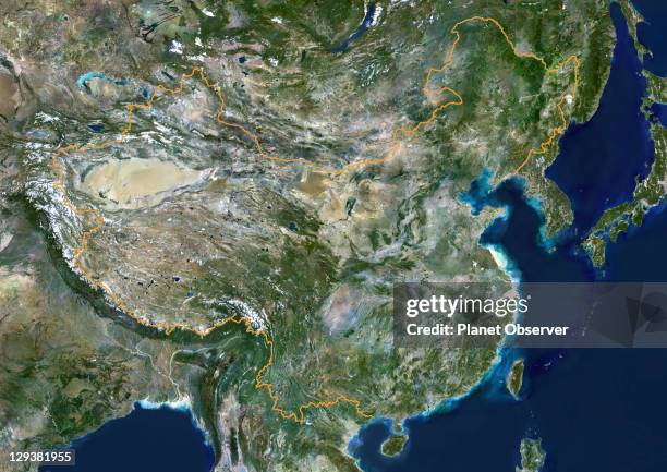 People's Republic of China, true colour satellite image with border. This image was compiled from data acquired by LANDSAT 5 & 7 satellites., China,...