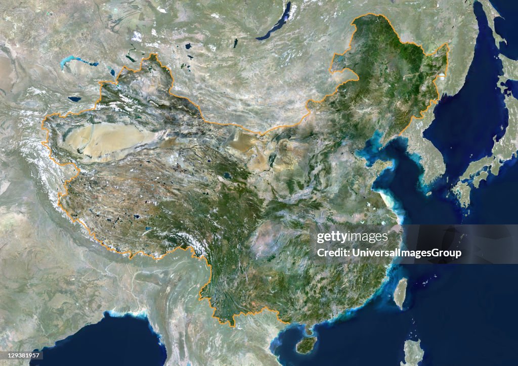 China, True Colour Satellite Image With Mask And Border