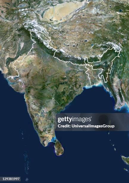 India, true colour satellite image with border. This image shows the Indian subcontinent, bordered by Pakistan to the northwest and China and Nepal...