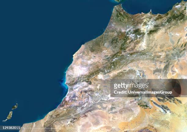 Morocco. True colour satellite image of Morocco, with border. The Strait of Gibraltar is at top center. The Mediterranean Sea is to the east of this...