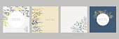 Trendy floral gold and white background design templates. Good for poster, card, cover, banner, placard, brochure. Universal hand drawn floral templates for birthday invitations, menu and baby shower