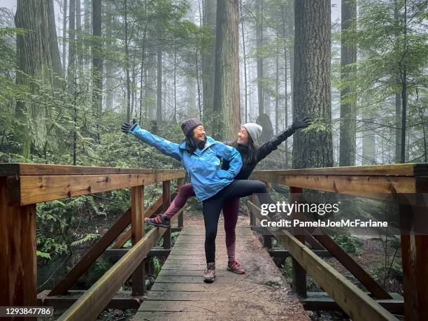 asian mother and eurasian daughter posing on bridge in forest - winter health imagens e fotografias de stock