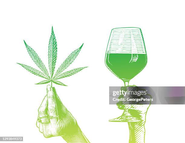 hands holding wineglass and hemp leaves - marijuana leaf stock illustrations