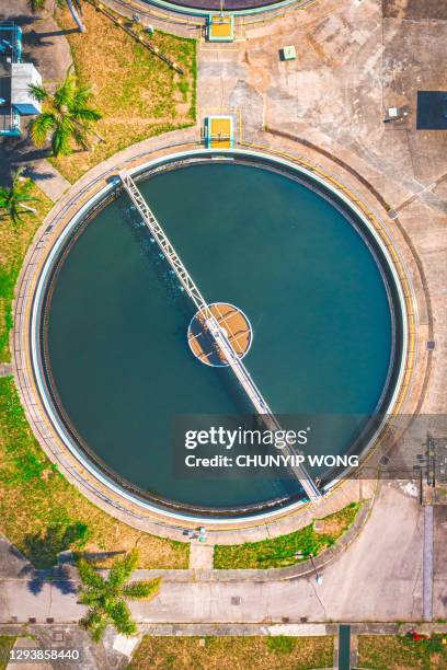 clarifier at wastewater treatment plant, aerial view - sewage treatment plant stock pictures, royalty-free photos & images