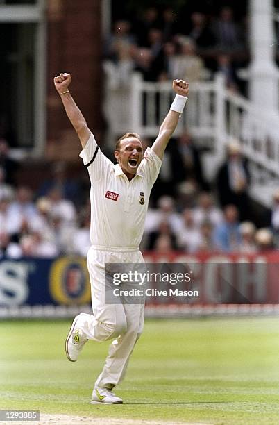 Allan Donald of South Africa celebrates after the Second Test match against England at Lord's in London. South Africa won the match by ten wickets. \...