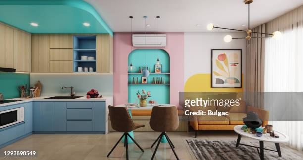 cozy and modern small apartment - domestic room stock pictures, royalty-free photos & images