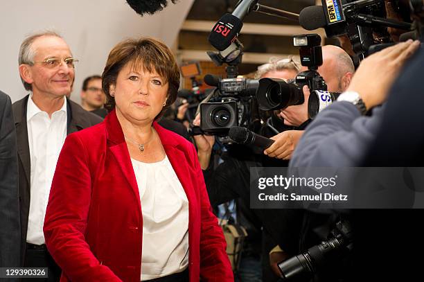 Disappointed Martine Aubry addresses the media at the French Socialist Party's headquarters at Solferino Street on October 16, 2011 in Paris, France....