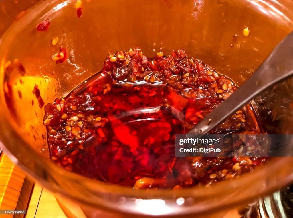 Chili oil in a glass jar