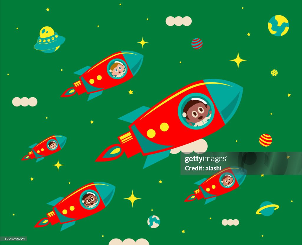 La competencia en el espacio exterior, la carrera espacial va a toda velocidad, el grupo multiétnico en un cohete (nave espacial, transbordador espacial) volando en el cielo