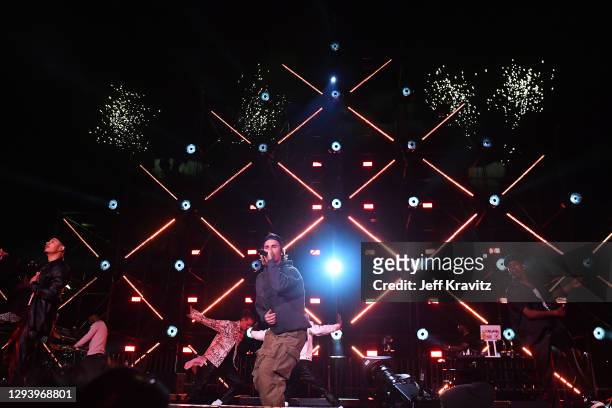 Justin Bieber performs onstage during NYE Live with Justin Bieber, presented by T-Mobile, at The Beverly Hilton on December 31, 2020 in Beverly...