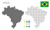 Map of Brazil silhouette, Brazil map dotted, Flag of Brazil.