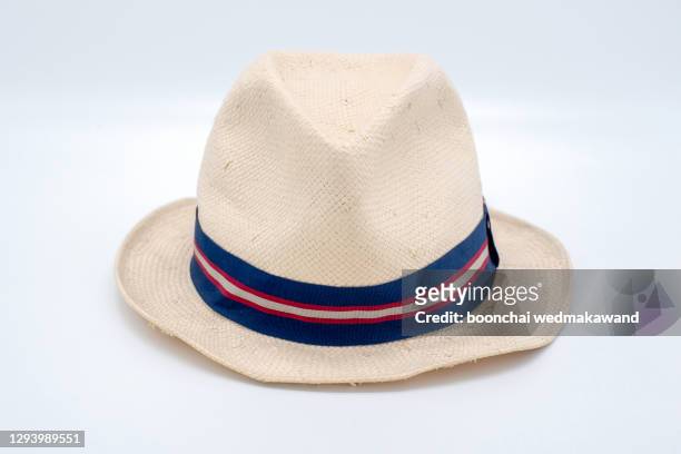 brown fedora hat isolated on white background at front view - gray hat stockfoto's en -beelden