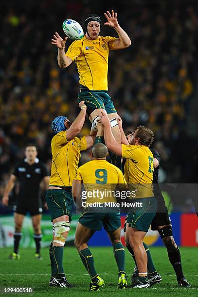 Lock Dan Vickerman of the Wallabies wins lineout ball during semi final two of the 2011 IRB Rugby World Cup between New Zealand and Australia at Eden...