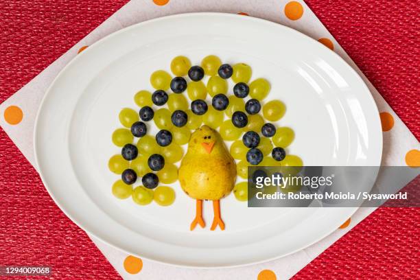 food creation of peacock shape with fruit on white plate from above - fruit art stockfoto's en -beelden