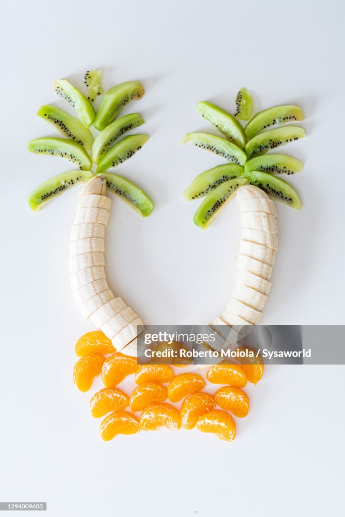 Shape of tropical palm tree made with sliced fruit, flat lay