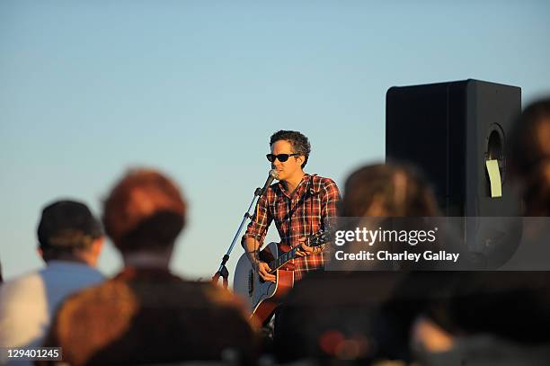 Musician M. Ward performs at the 10 Years of Toyota Prius Anniversary Celebration at Wright Organic Resource Center on October 10, 2010 in Malibu,...