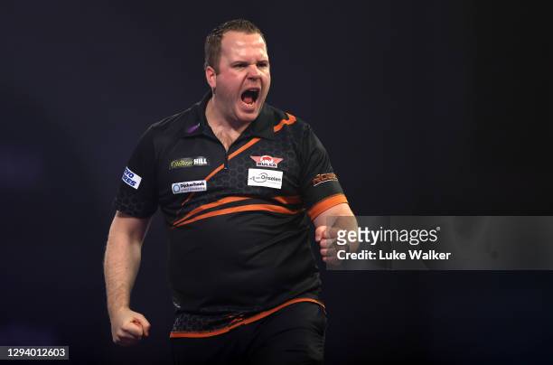 Dirk van Duijvenbode of The Netherlands reacts during his Quarter Finals match against Gary Anderson of Scotland during Day Fourteen of the PDC...