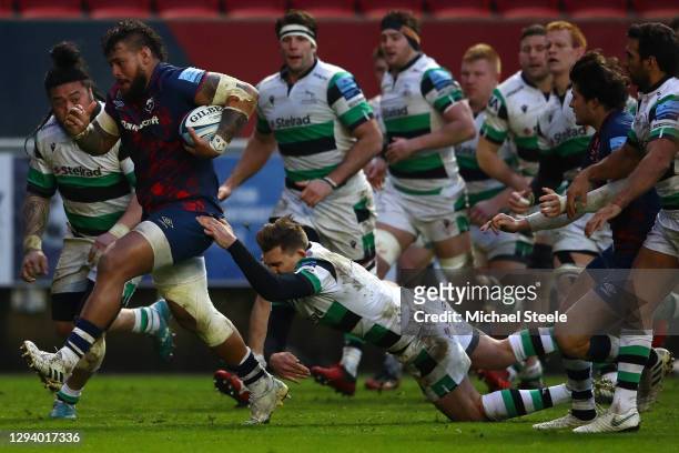 Nathan Hughes of Bristol breaks the tackle of Toby Flood to score a try during the Gallagher Premiership Rugby match between Bristol Bears and...