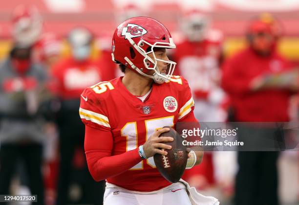 Quarterback Patrick Mahomes of the Kansas City Chiefs looks to pass during the game against the Atlanta Falcons at Arrowhead Stadium on December 27,...