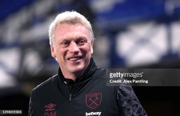 West Ham Manager, David Moyes looks on prior to the Premier League match between Everton and West Ham United at Goodison Park on January 01, 2021 in...