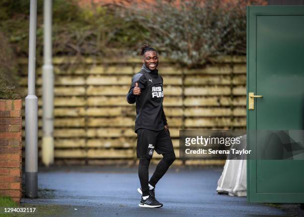 Christian Atsu gives the thumbs up during the Newcastle United Training Session at the Newcastle United Training Centre on January 01, 2021 in...