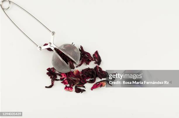 dried hibiscus tea and colander on white background. - escorredor imagens e fotografias de stock