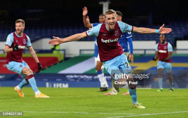Tomas Soucek of West Ham United celebrates after scoring their team's first goal during the Premier League match between Everton and West Ham United...
