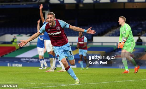 Tomas Soucek of West Ham United celebrates after scoring their team's first goal during the Premier League match between Everton and West Ham United...