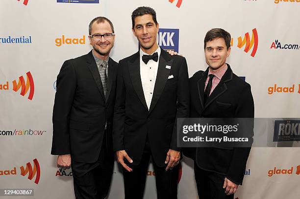 Josh Kilmer-Purcell, GLAAD President Jarrett Barrios and Brent Ridge attend the 22nd Annual GLAAD Media Awards presented by ROKK Vodka at Marriott...