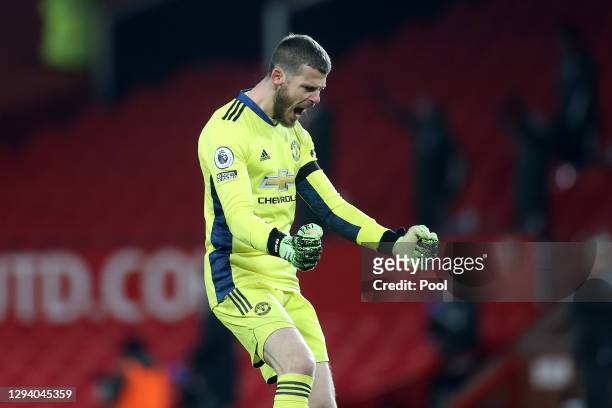 David De Gea of Manchester United celebrates his team's first goal during the Premier League match between Manchester United and Aston Villa at Old...
