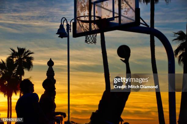 venice beach basketball - low angle view of silhouette palm trees against sky stock-fotos und bilder