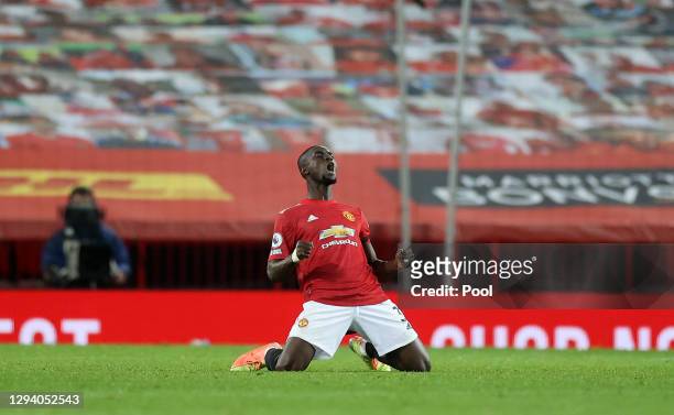 Eric Bailly of Manchester United celebrates at the final whistle of the Premier League match between Manchester United and Aston Villa at Old...