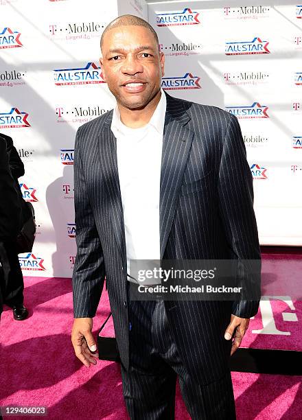 Coach Doc Rivers of the Boston Celtics arrives at the T-Mobile Magenta Carpet at the 2011 NBA All-Star Game at L.A. Live on February 20, 2011 in Los...