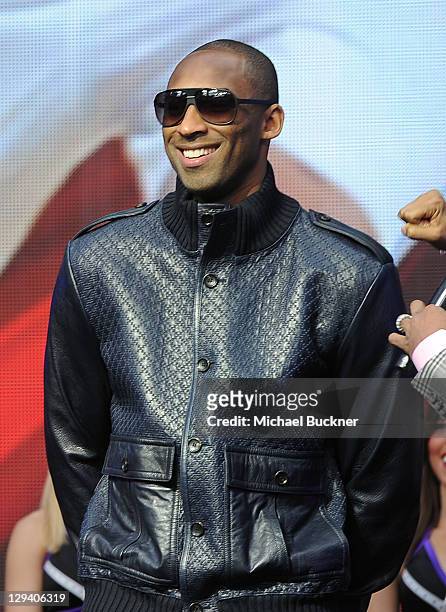 Player Kobe Bryant of the Los Angeles Lakers arrives at the T-Mobile Magenta Carpet at the 2011 NBA All-Star Game at L.A. Live on February 20, 2011...
