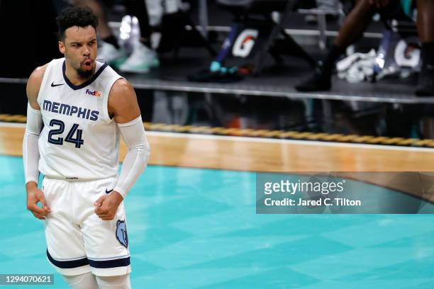Dillon Brooks of the Memphis Grizzlies reacts following a three point basket during the third quarter of their game against the Charlotte Hornets at...