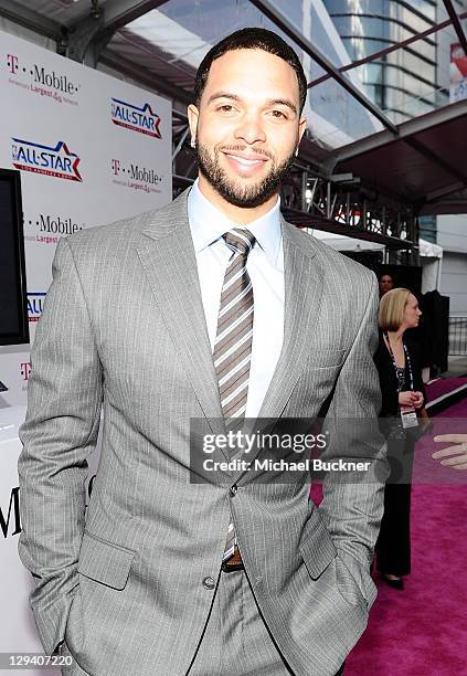 Player Deron Williams of the Utah Jazz arrives at the T-Mobile Magenta Carpet at the 2011 NBA All-Star Game at L.A. Live on February 20, 2011 in Los...