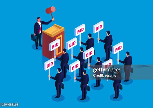 the concept of auction, public auction bidders, bidders, buyers and auctioneers - auctioneer stock illustrations