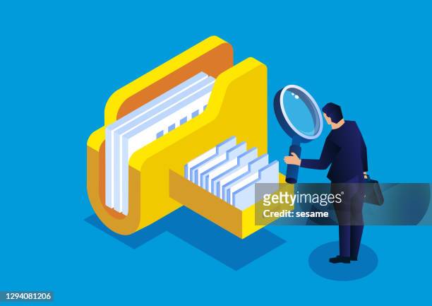 online cloud file query and management, isometric businessman holding a magnifying glass to find files - scrutiny stock illustrations