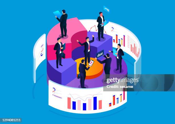 pie chart landing page, data analysis statistics or financial information analyst, big data analysis solution - planning using tablet stock illustrations