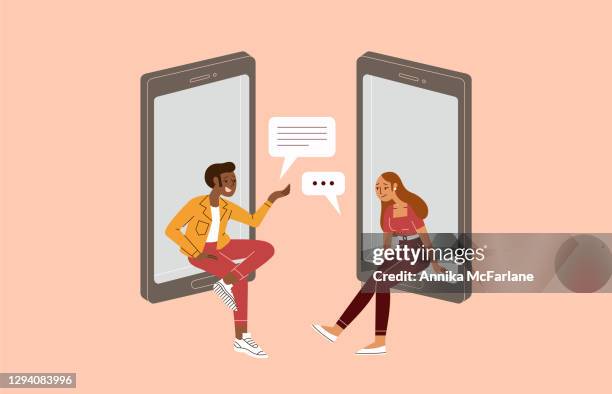 ilustrações de stock, clip art, desenhos animados e ícones de two young people chat and start love relationship on dating app - flirting