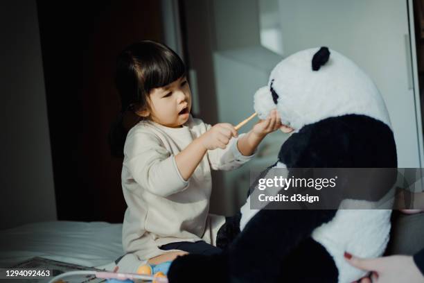 adorable little asian girl playing with her soft panda toy, brushing the teeth of the soft panda toy with a toothbrush, playing a dentist game at home - rollenspiel stock-fotos und bilder