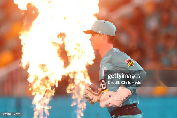 Jimmy Peirson of the Heat runs out for the the Big Bash League match between the Brisbane Heat and the Sydney Sixers at The Gabba, on January 02 in...