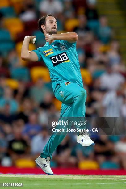 Lewis Gregory of the Heat bowls the ball during the Big Bash League match between the Brisbane Heat and the Sydney Sixers at The Gabba, on January 02...
