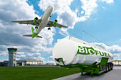 Airplane and biofuel tank trailer on the background of airport. New energy sources